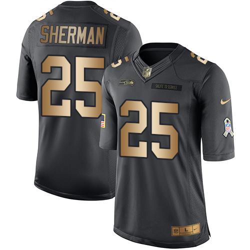 Nike Seahawks #25 Richard Sherman Black Men's Stitched NFL Limited Gold Salute To Service Jersey - Click Image to Close